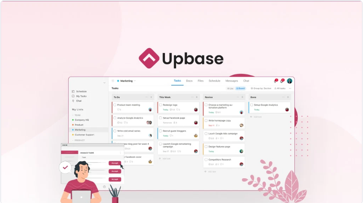 Illustration of a vibrant, organized digital workspace featuring Upbase, showcasing tools for task management, team collaboration, and productivity with colorful charts, calendars, and team avatars on a sleek dashboard